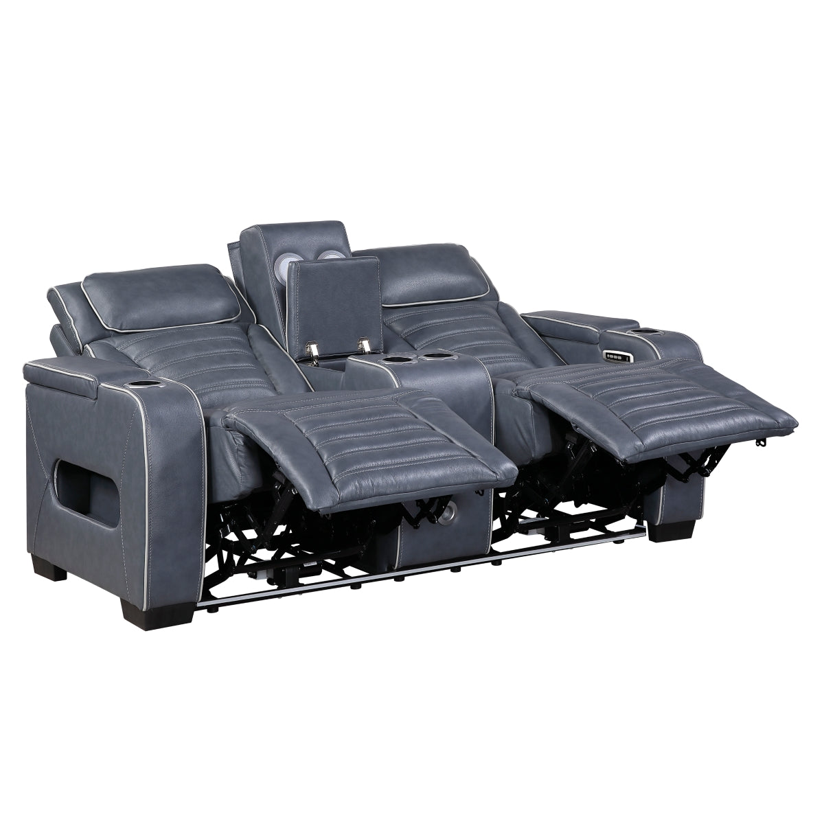 Cyber Power Double Reclining Love Seat with Center Console, Power Headrests, Storage Arms(Top and Side) ,Cup Holders, Wireless Speakers with Sub-Woofer, Air Massage, Heat, LED Lighting and Charging Ports