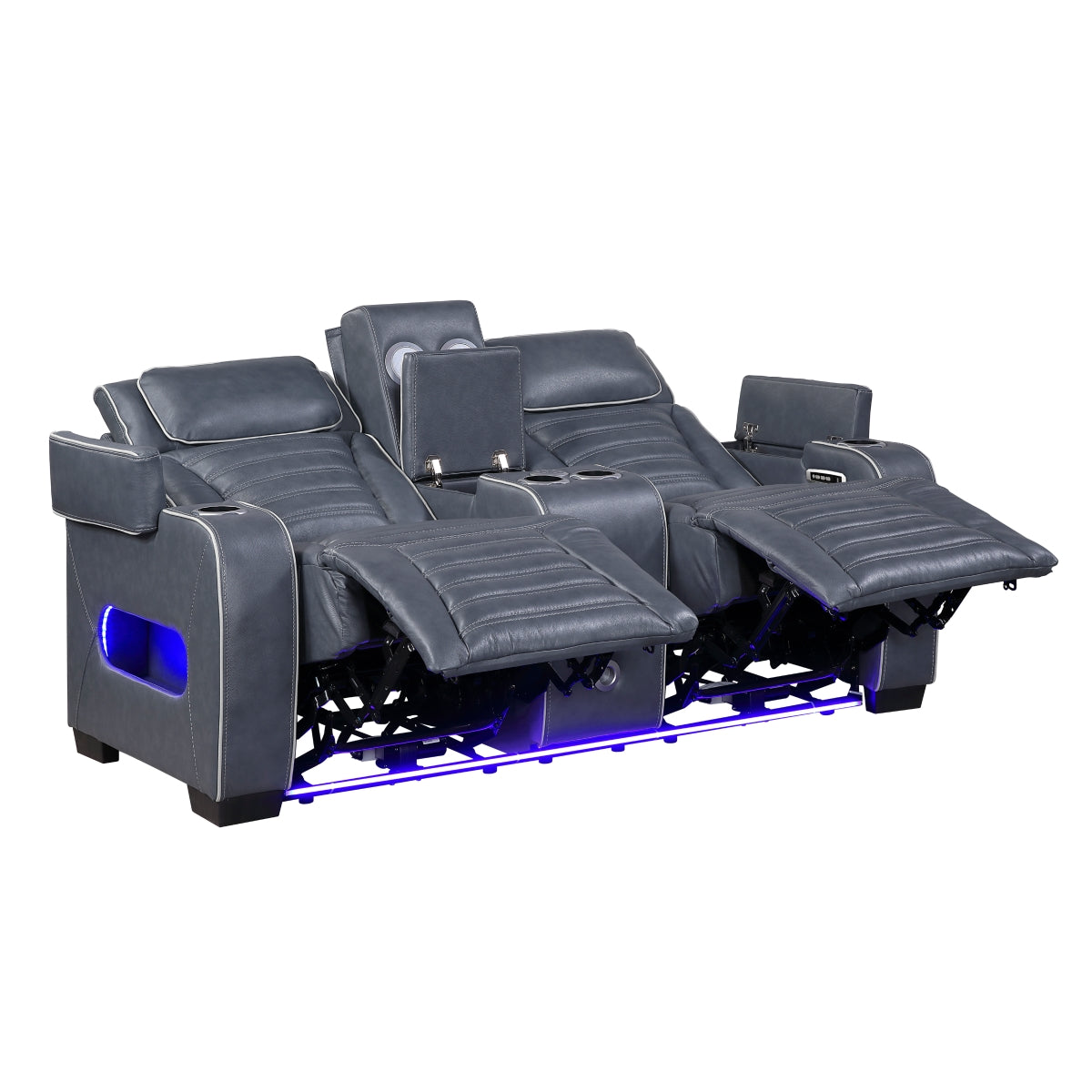 Cyber Power Double Reclining Love Seat with Center Console, Power Headrests, Storage Arms(Top and Side) ,Cup Holders, Wireless Speakers with Sub-Woofer, Air Massage, Heat, LED Lighting and Charging Ports