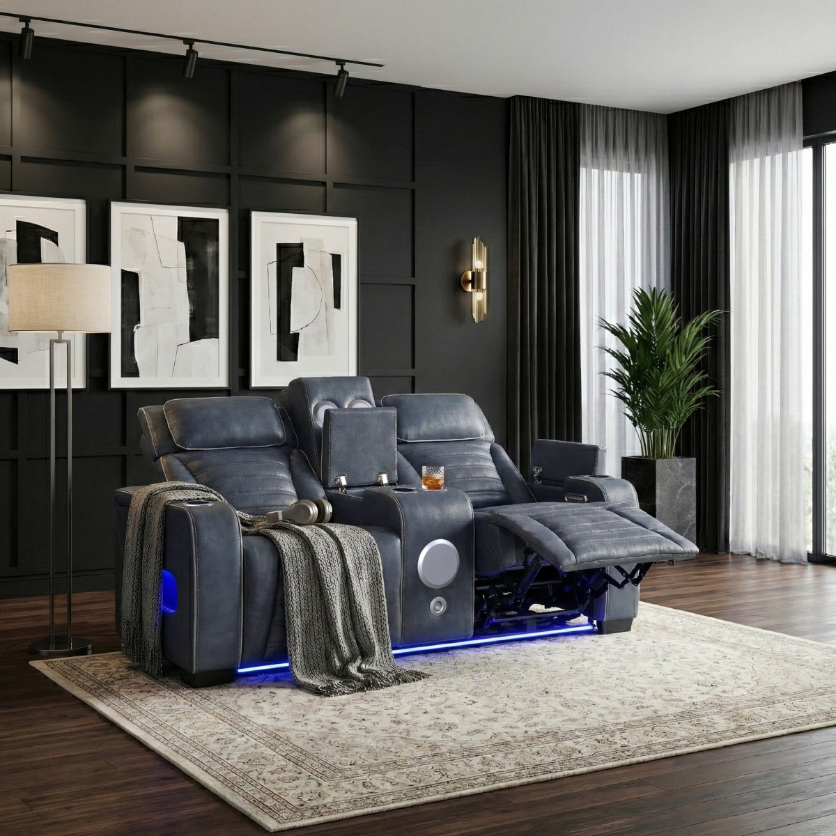 Cyber Power Double Reclining Love Seat with Center Console, Power Headrests, Storage Arms(Top and Side) ,Cup Holders, Wireless Speakers with Sub-Woofer, Air Massage, Heat, LED Lighting and Charging Ports