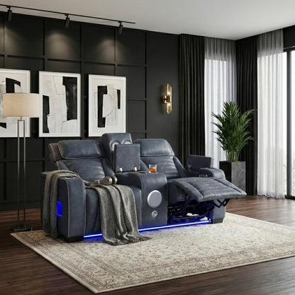 Cyber Power Double Reclining Love Seat with Center Console, Power Headrests, Storage Arms(Top and Side) ,Cup Holders, Wireless Speakers with Sub-Woofer, Air Massage, Heat, LED Lighting and Charging Ports