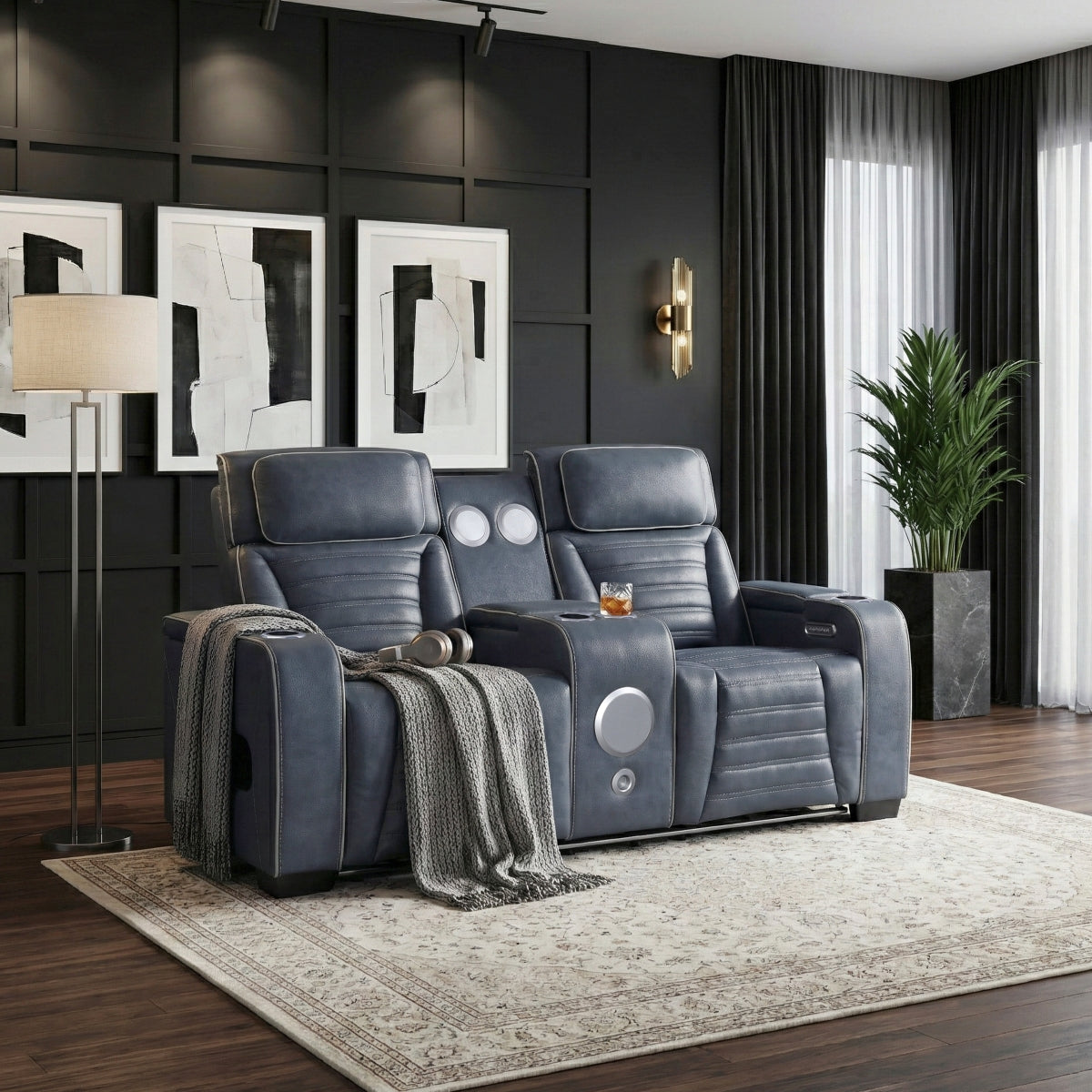Cyber Power Double Reclining Love Seat with Center Console, Power Headrests, Storage Arms(Top and Side) ,Cup Holders, Wireless Speakers with Sub-Woofer, Air Massage, Heat, LED Lighting and Charging Ports
