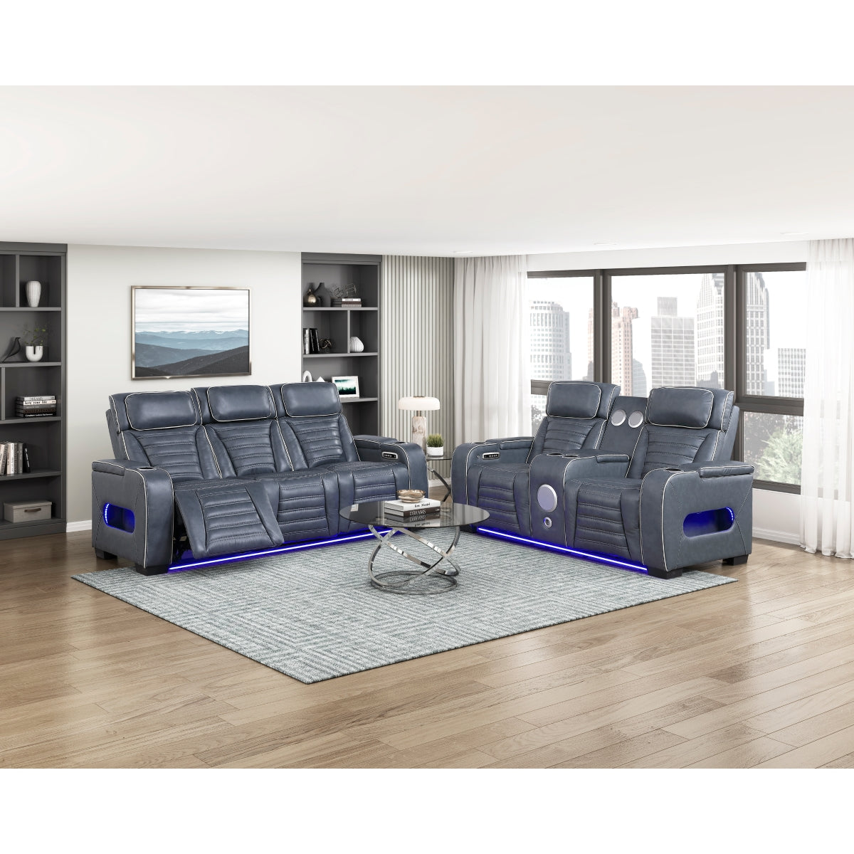Cyber Power Double Reclining Love Seat with Center Console, Power Headrests, Storage Arms(Top and Side) ,Cup Holders, Wireless Speakers with Sub-Woofer, Air Massage, Heat, LED Lighting and Charging Ports