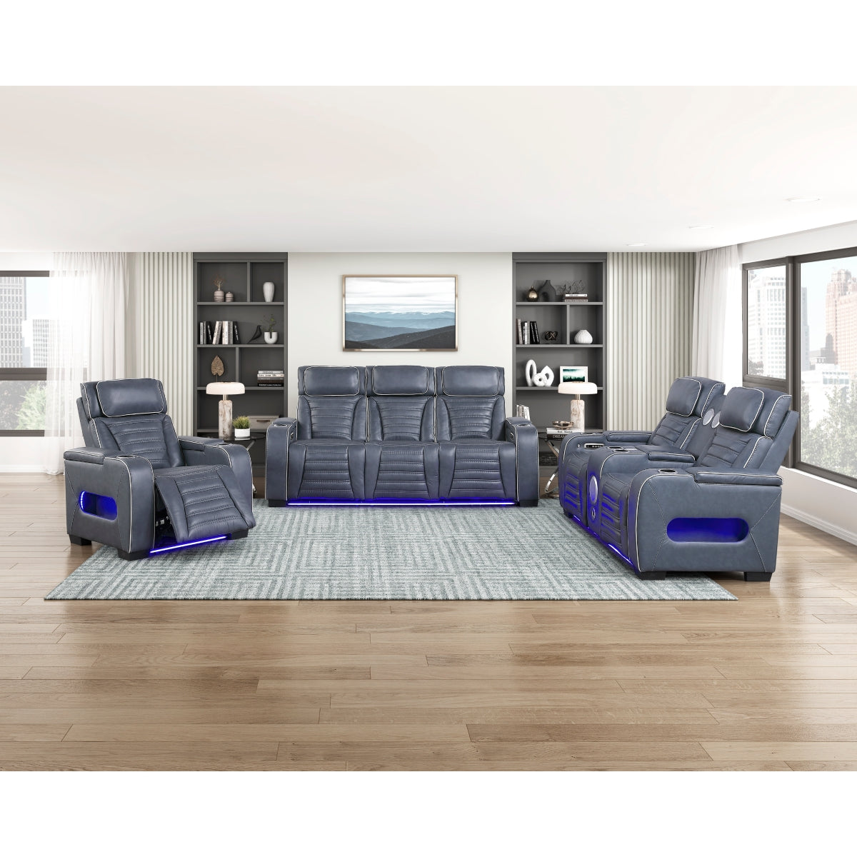 Cyber Power Double Reclining Love Seat with Center Console, Power Headrests, Storage Arms(Top and Side) ,Cup Holders, Wireless Speakers with Sub-Woofer, Air Massage, Heat, LED Lighting and Charging Ports