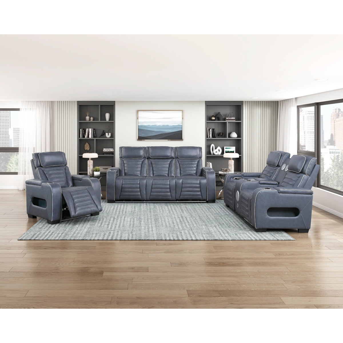 Cyber Power Double Reclining Love Seat with Center Console, Power Headrests, Storage Arms(Top and Side) ,Cup Holders, Wireless Speakers with Sub-Woofer, Air Massage, Heat, LED Lighting and Charging Ports