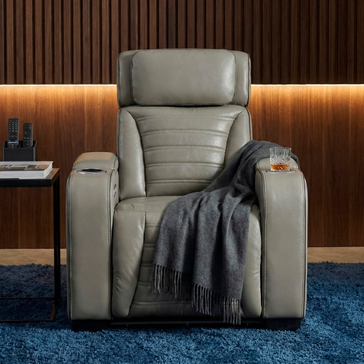 Cyber Power Reclining Chair with Power Headrest, Cup holder, Storage Arms(Top and Side), Air Massage, Heat, LED Lighting and Charging Ports