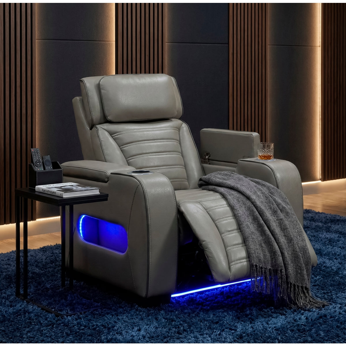 Cyber Power Reclining Chair with Power Headrest, Cup holder, Storage Arms(Top and Side), Air Massage, Heat, LED Lighting and Charging Ports