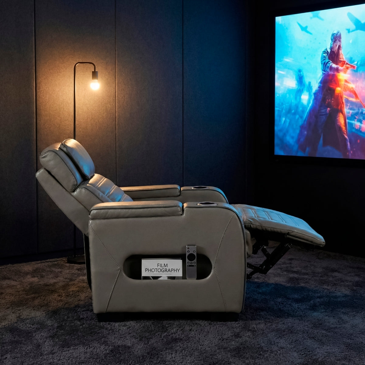 Cyber Power Reclining Chair with Power Headrest, Cup holder, Storage Arms(Top and Side), Air Massage, Heat, LED Lighting and Charging Ports