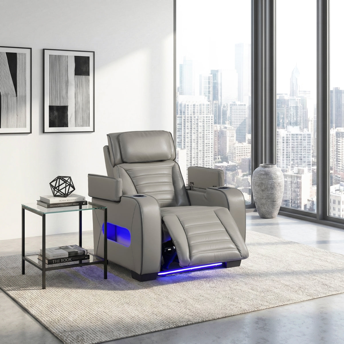 Cyber Power Reclining Chair with Power Headrest, Cup holder, Storage Arms(Top and Side), Air Massage, Heat, LED Lighting and Charging Ports