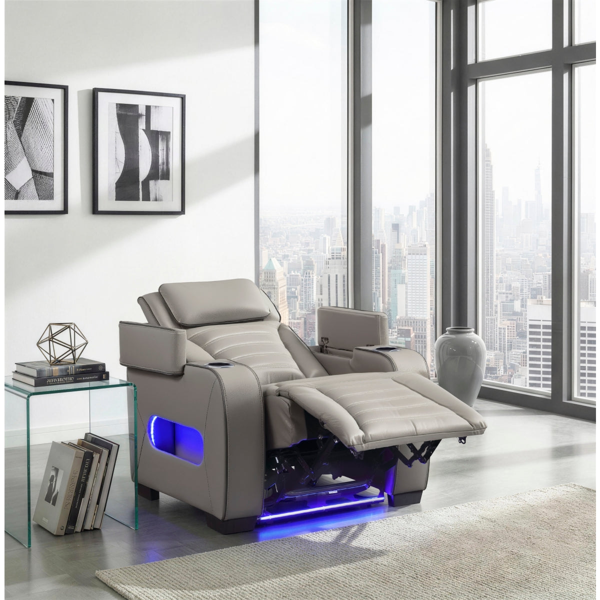 Cyber Power Reclining Chair with Power Headrest, Cup holder, Storage Arms(Top and Side), Air Massage, Heat, LED Lighting and Charging Ports