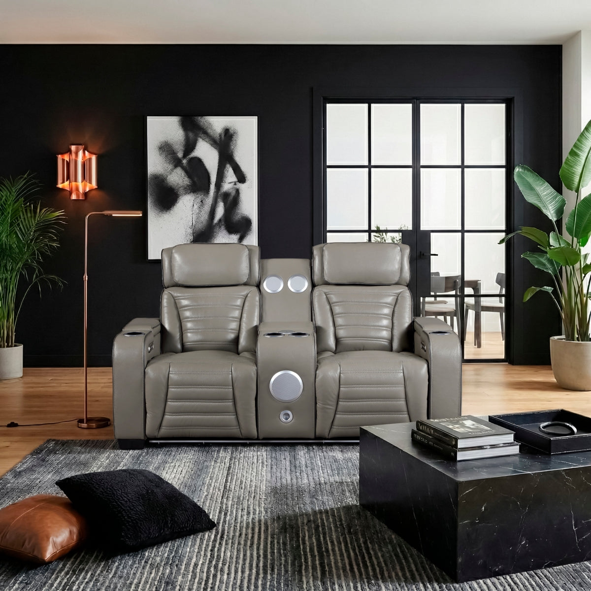 Cyber Power Double Reclining Love Seat with Center Console, Power Headrests, Storage Arms(Top and Side) ,Cup Holders, Wireless Speakers with Sub-Woofer, Air Massage, Heat, LED Lighting and Charging Ports