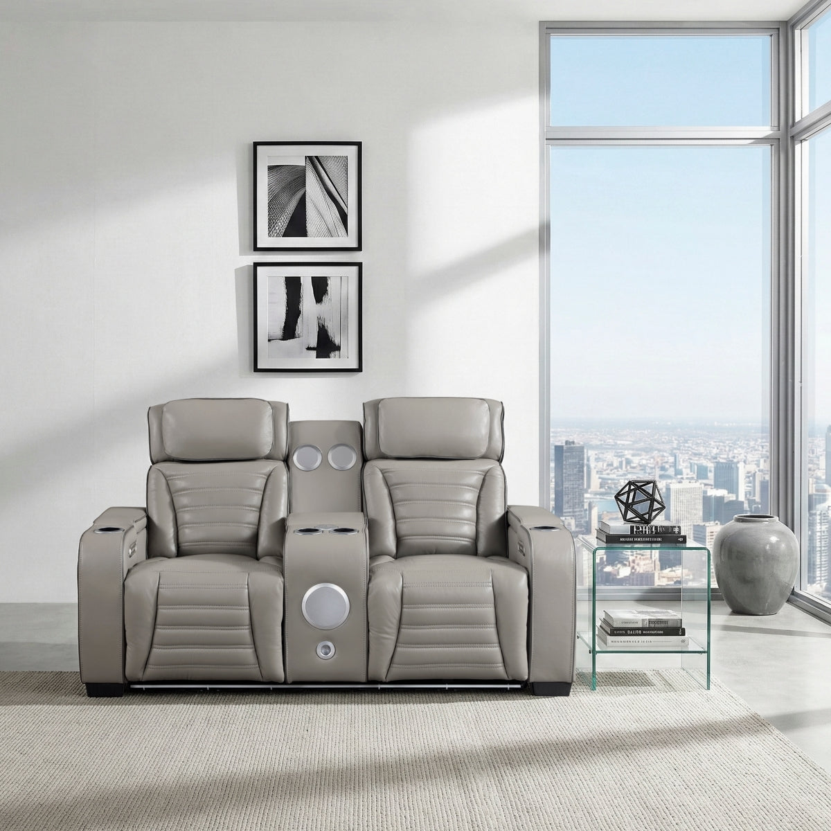 Cyber Power Double Reclining Love Seat with Center Console, Power Headrests, Storage Arms(Top and Side) ,Cup Holders, Wireless Speakers with Sub-Woofer, Air Massage, Heat, LED Lighting and Charging Ports