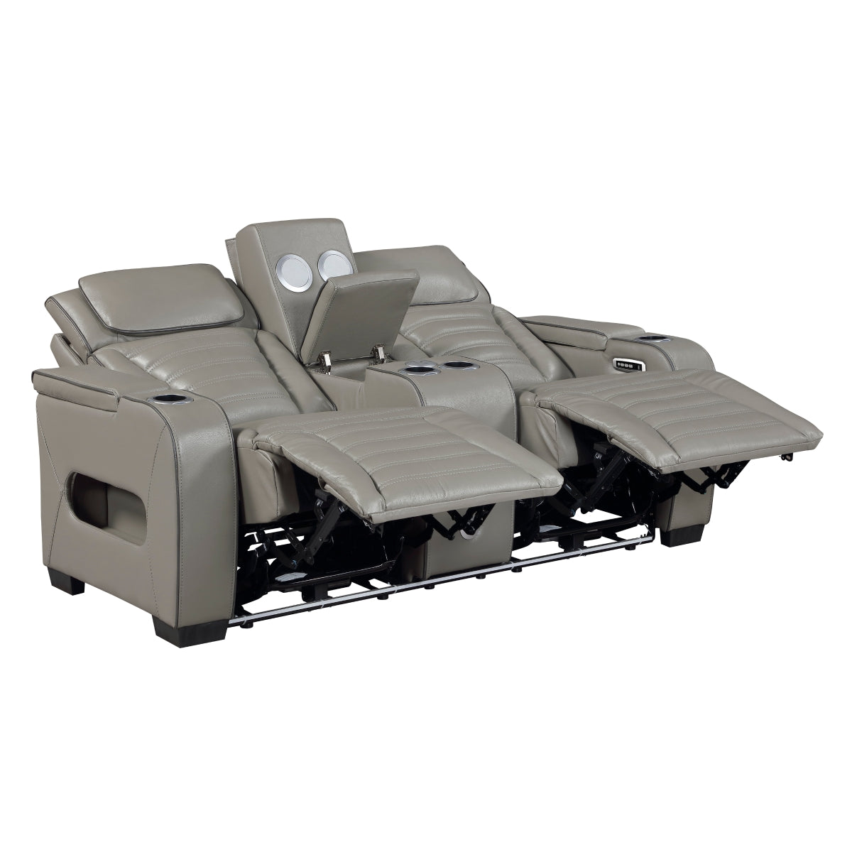 Cyber Power Double Reclining Love Seat with Center Console, Power Headrests, Storage Arms(Top and Side) ,Cup Holders, Wireless Speakers with Sub-Woofer, Air Massage, Heat, LED Lighting and Charging Ports