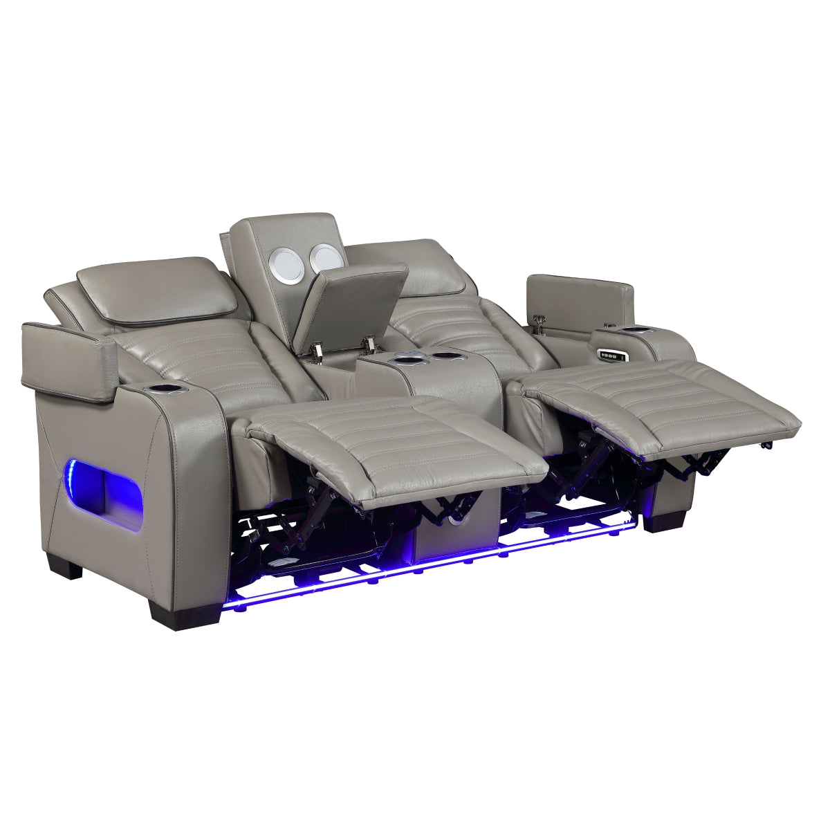 Cyber Power Double Reclining Love Seat with Center Console, Power Headrests, Storage Arms(Top and Side) ,Cup Holders, Wireless Speakers with Sub-Woofer, Air Massage, Heat, LED Lighting and Charging Ports