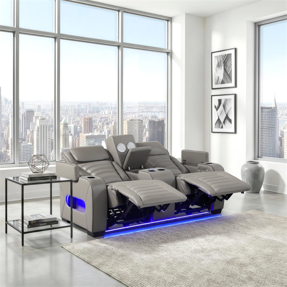 Cyber Power Double Reclining Love Seat with Center Console, Power Headrests, Storage Arms(Top and Side) ,Cup Holders, Wireless Speakers with Sub-Woofer, Air Massage, Heat, LED Lighting and Charging Ports