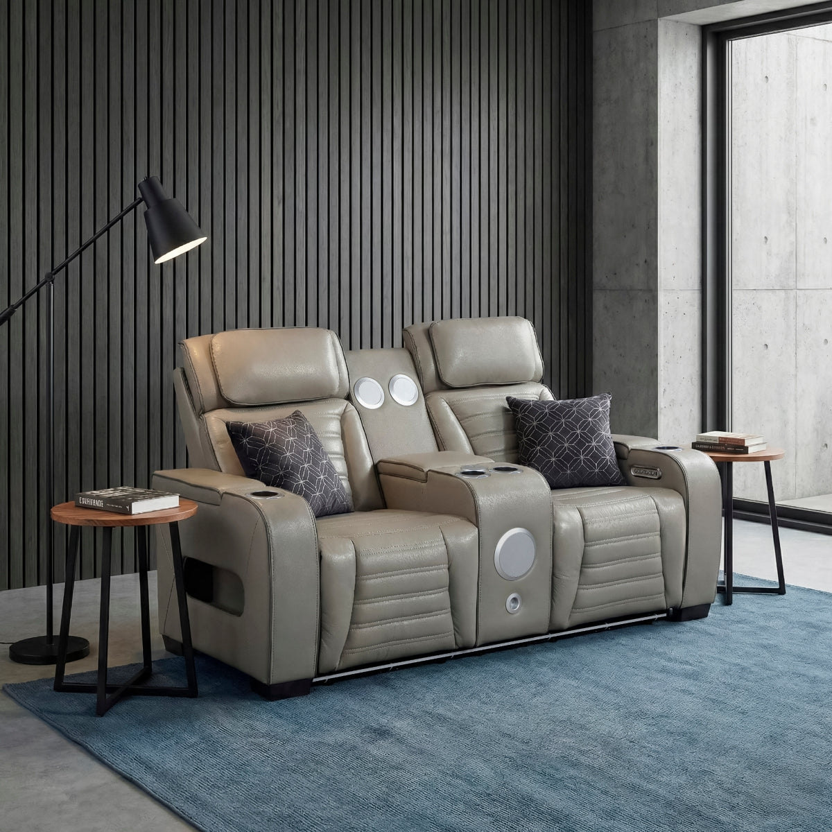 Cyber Power Double Reclining Love Seat with Center Console, Power Headrests, Storage Arms(Top and Side) ,Cup Holders, Wireless Speakers with Sub-Woofer, Air Massage, Heat, LED Lighting and Charging Ports