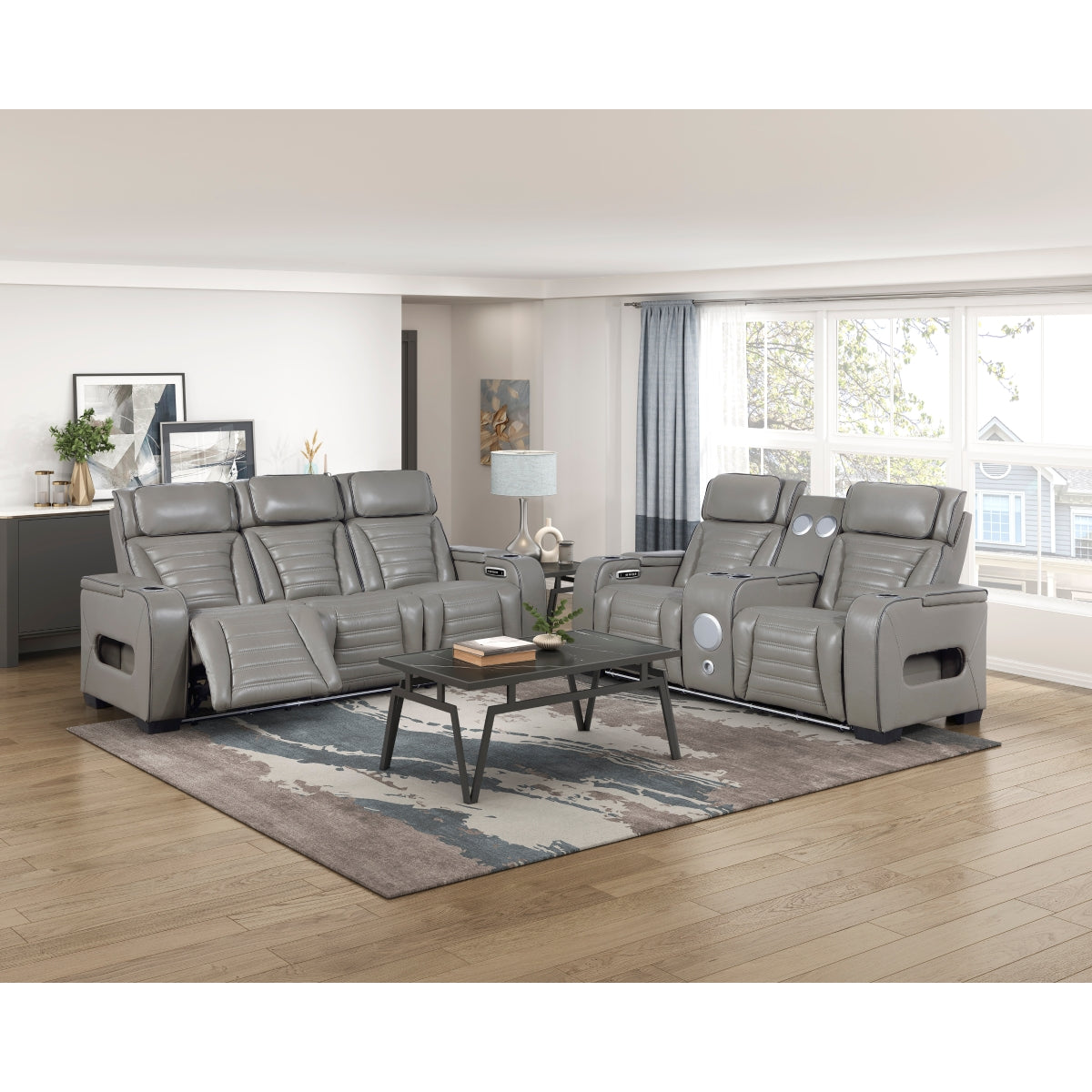 Cyber Power Double Reclining Love Seat with Center Console, Power Headrests, Storage Arms(Top and Side) ,Cup Holders, Wireless Speakers with Sub-Woofer, Air Massage, Heat, LED Lighting and Charging Ports