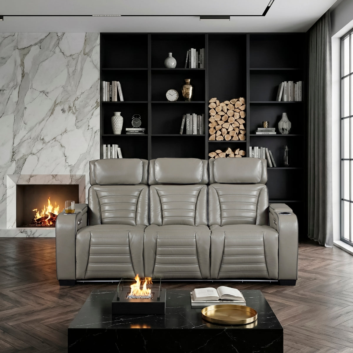 Cyber Power Double Reclining Sofa with Center Drop-Down Cup Holders, Power Headrests, Storage Arms(Top and Side) ,Cup holders, Reading Lights, Wireless Charger, Air Massage, Heat, LED Lighting and Charging Ports