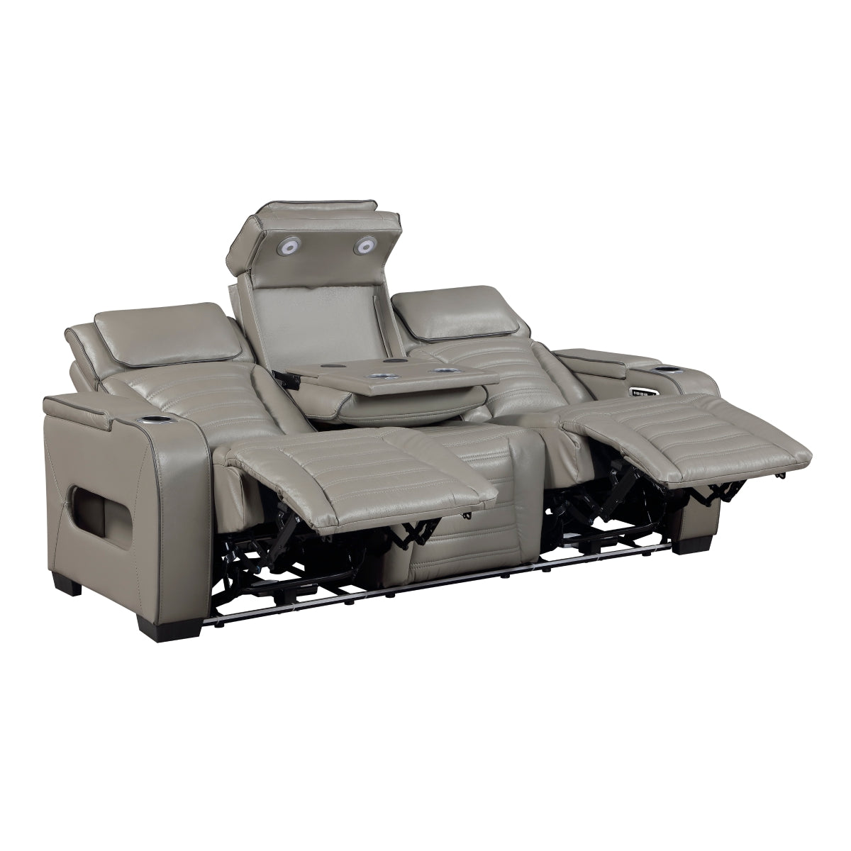 Cyber Power Double Reclining Sofa with Center Drop-Down Cup Holders, Power Headrests, Storage Arms(Top and Side) ,Cup holders, Reading Lights, Wireless Charger, Air Massage, Heat, LED Lighting and Charging Ports