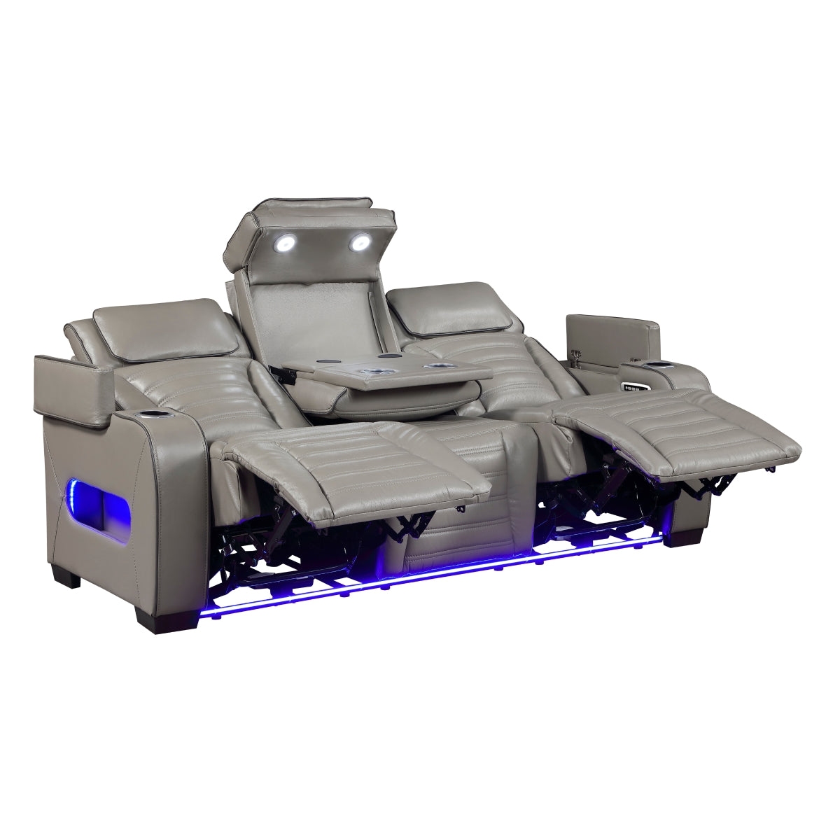 Cyber Power Double Reclining Sofa with Center Drop-Down Cup Holders, Power Headrests, Storage Arms(Top and Side) ,Cup holders, Reading Lights, Wireless Charger, Air Massage, Heat, LED Lighting and Charging Ports