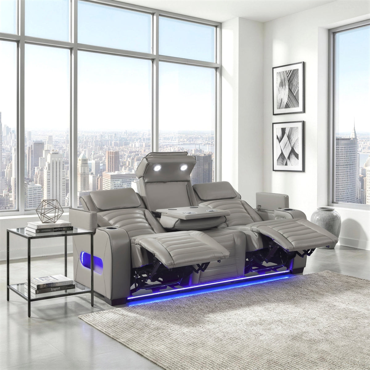 Cyber Power Double Reclining Sofa with Center Drop-Down Cup Holders, Power Headrests, Storage Arms(Top and Side) ,Cup holders, Reading Lights, Wireless Charger, Air Massage, Heat, LED Lighting and Charging Ports