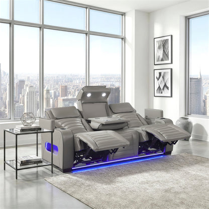 Cyber Power Double Reclining Sofa with Center Drop-Down Cup Holders, Power Headrests, Storage Arms(Top and Side) ,Cup holders, Reading Lights, Wireless Charger, Air Massage, Heat, LED Lighting and Charging Ports