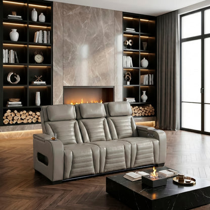 Cyber Power Double Reclining Sofa with Center Drop-Down Cup Holders, Power Headrests, Storage Arms(Top and Side) ,Cup holders, Reading Lights, Wireless Charger, Air Massage, Heat, LED Lighting and Charging Ports