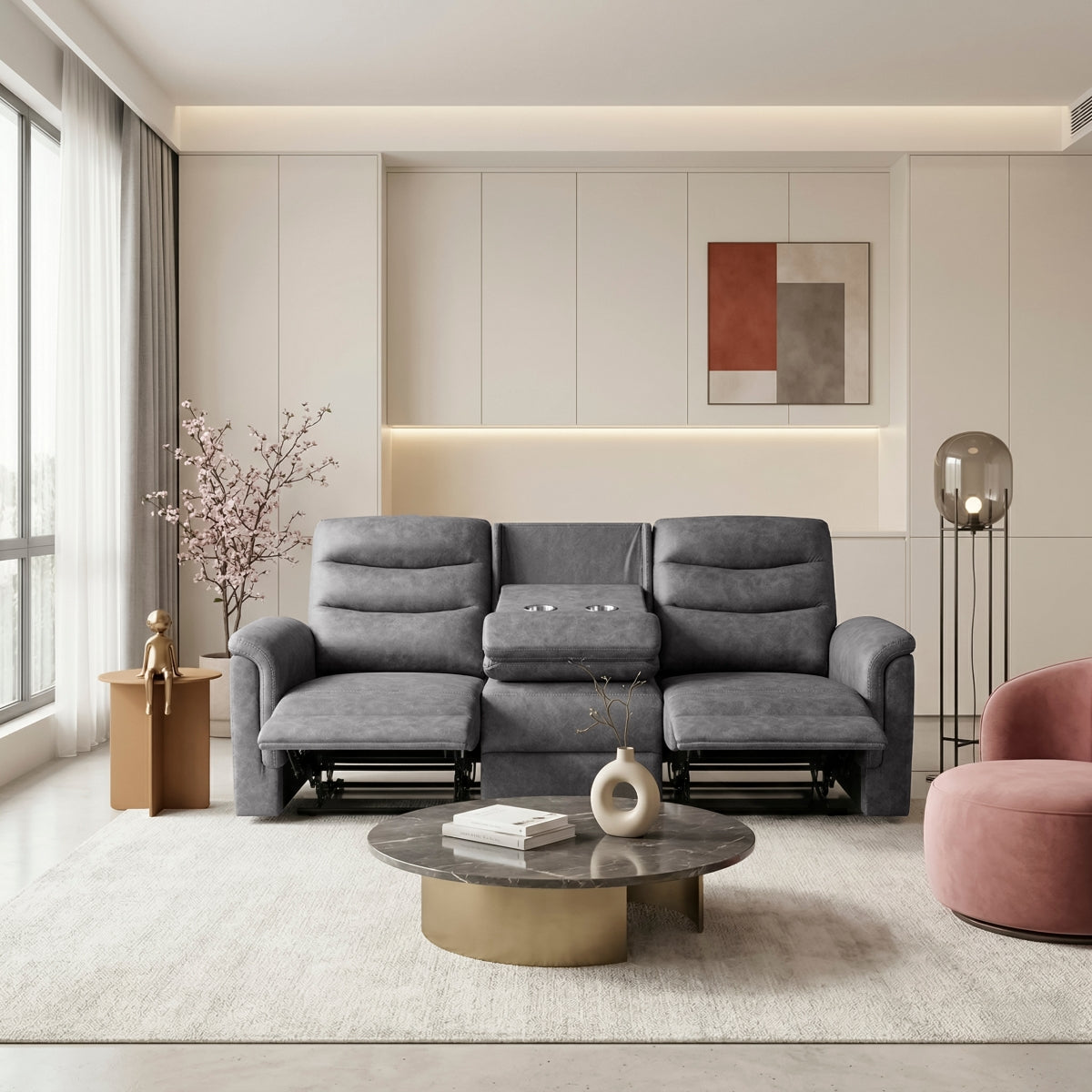 Metric Double Reclining Sofa with Drop-down Cup Holders