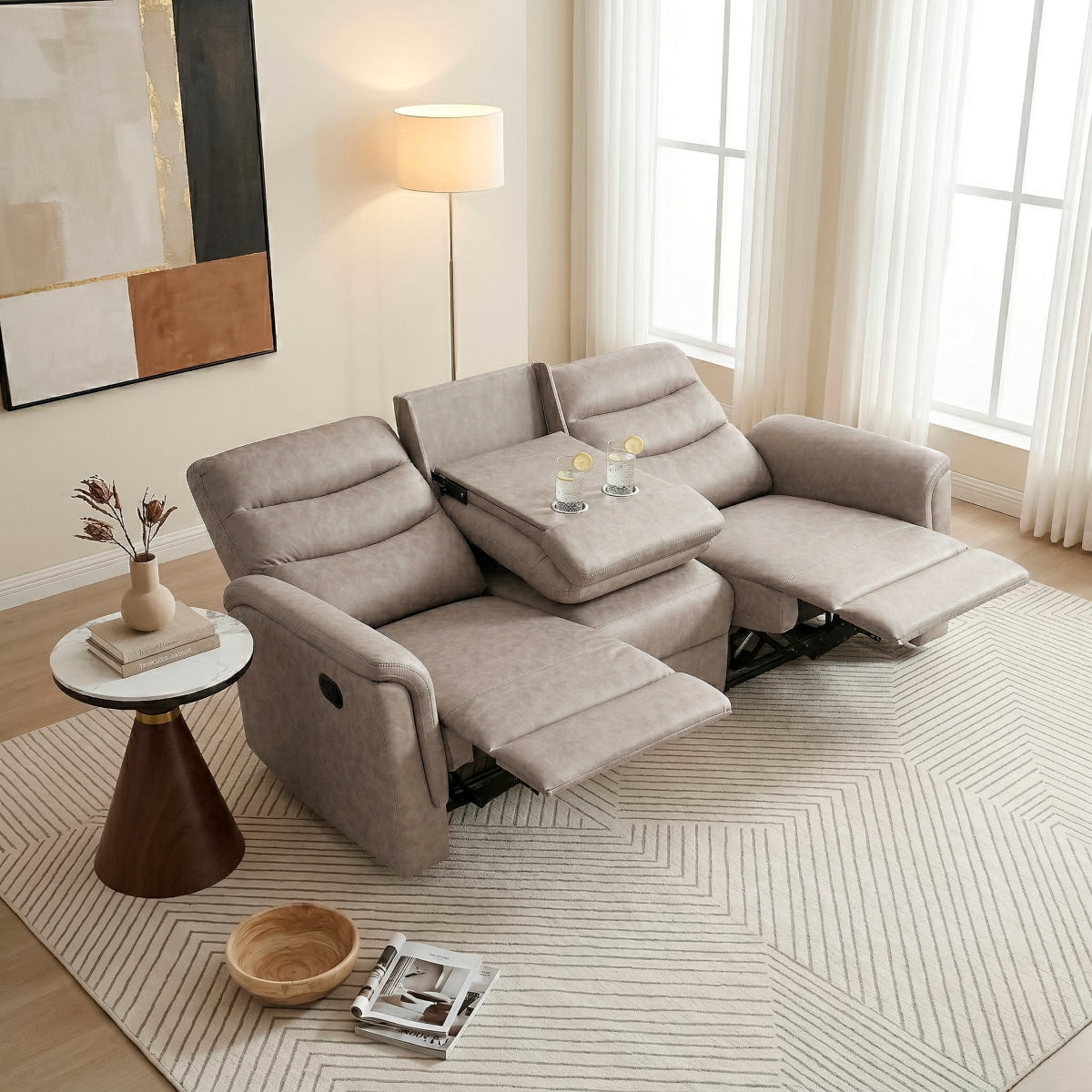 Metric Double Reclining Sofa with Drop-down Cup Holders