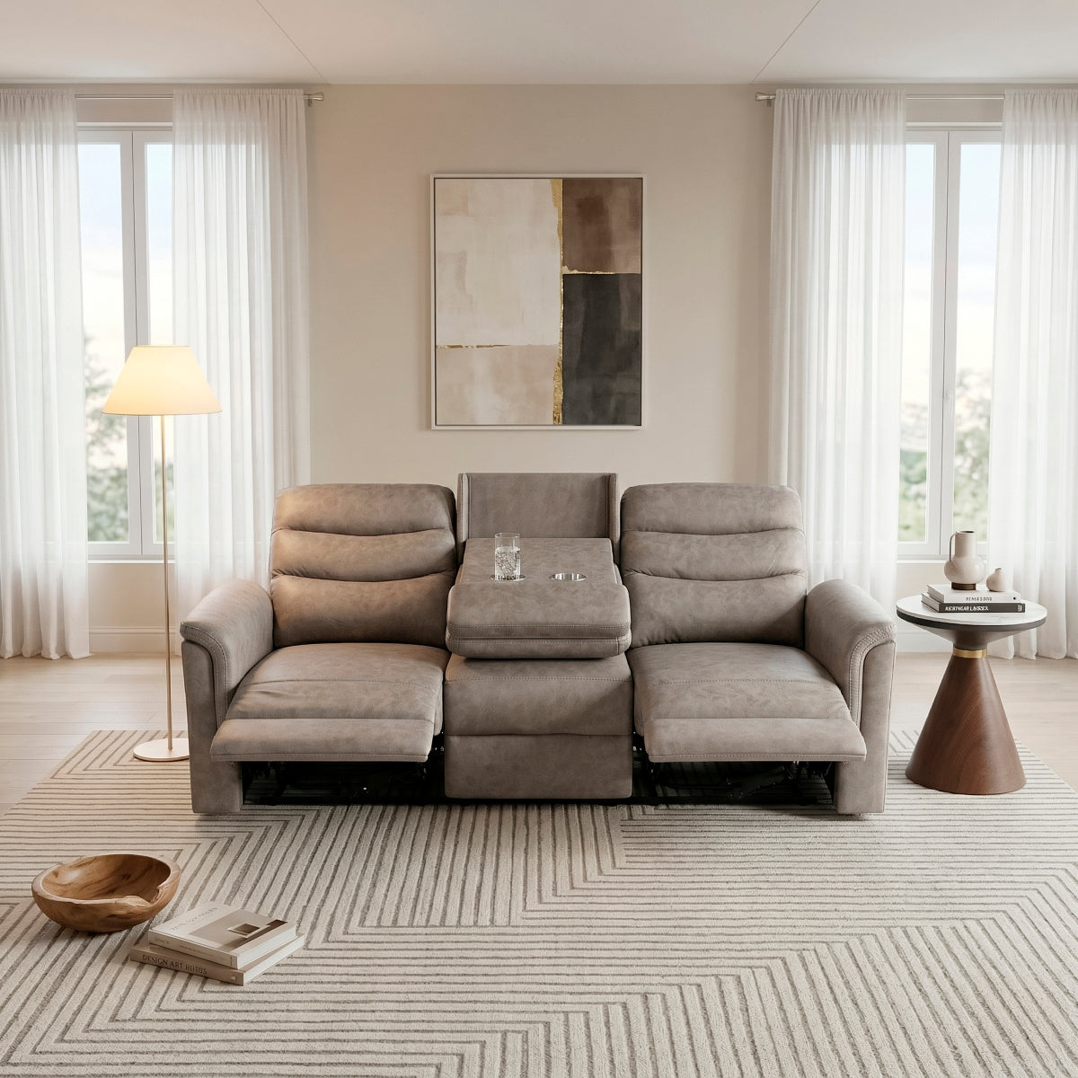 Metric Double Reclining Sofa with Drop-down Cup Holders