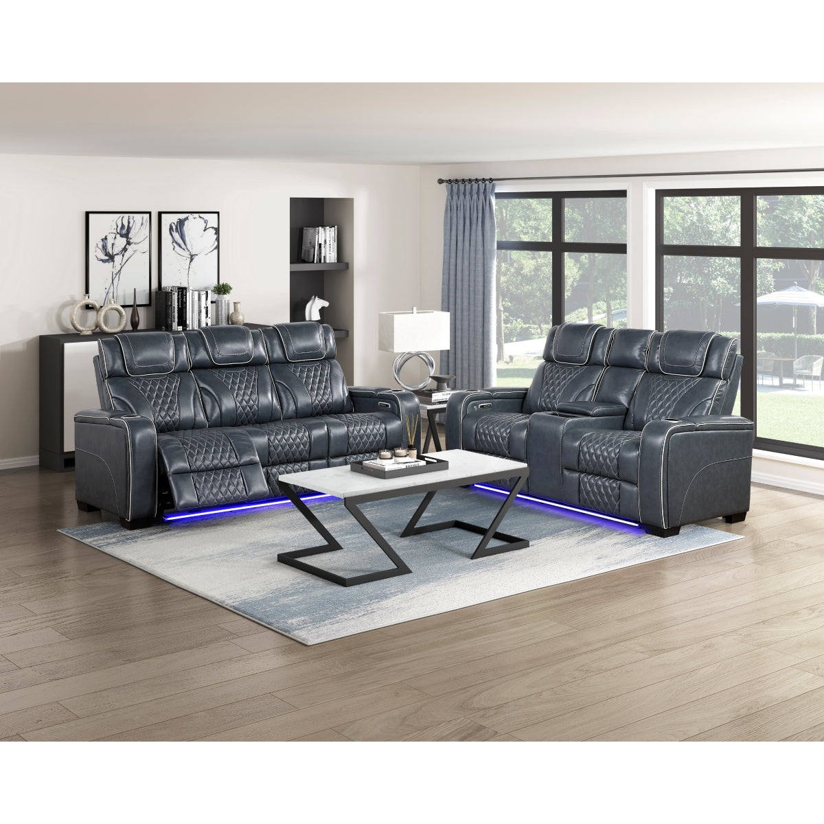 Apex Power Double Reclining Sofa with Center Drop-Down Cup Holders, Power Headrests, Storage Arms with Cup holders, Reading Lights, Wireless Charger, Air Massage and Heat, LED Lighting and Charging Ports