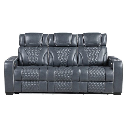 Apex Power Double Reclining Sofa with Center Drop-Down Cup Holders, Power Headrests, Storage Arms with Cup holders, Reading Lights, Wireless Charger, Air Massage and Heat, LED Lighting and Charging Ports