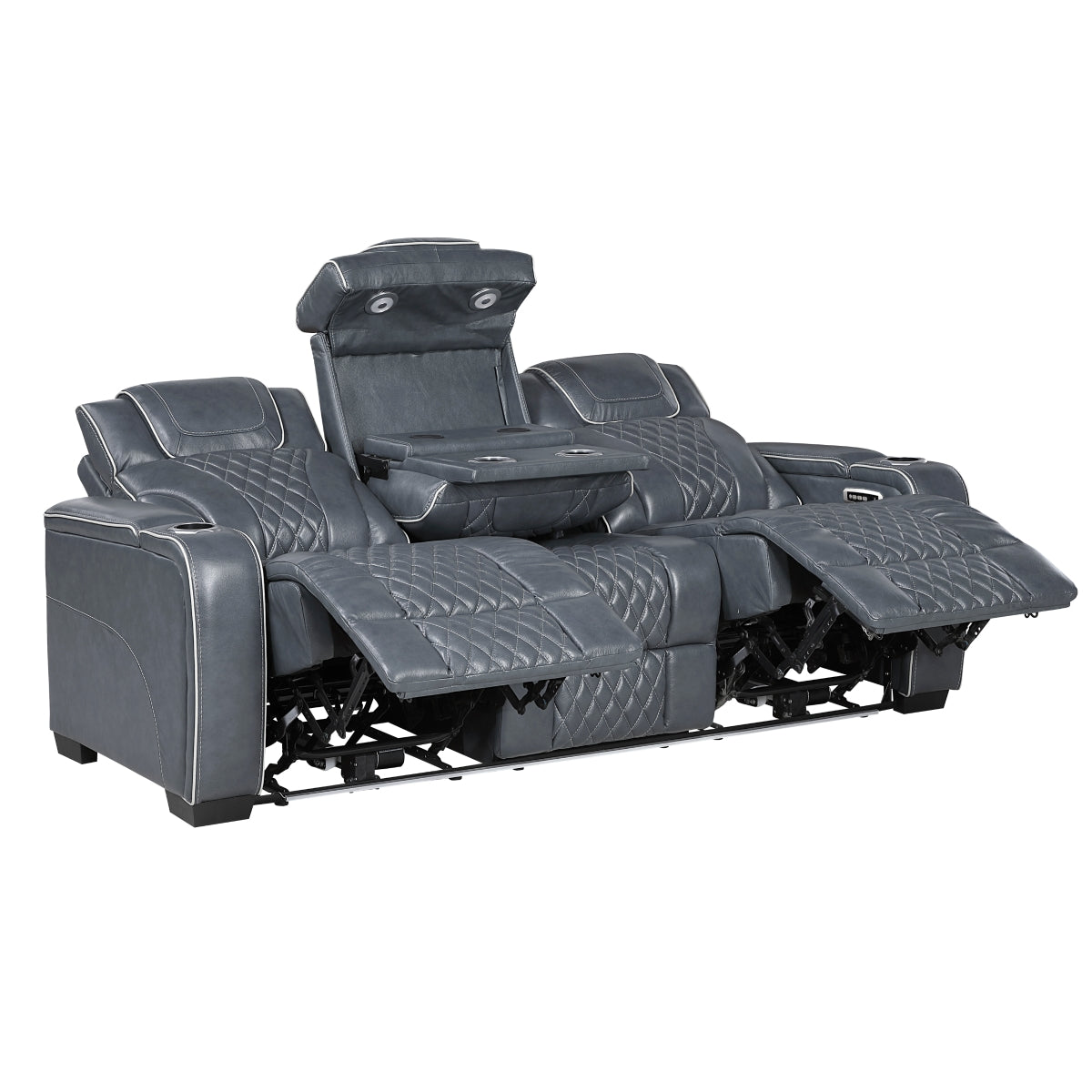 Apex Power Double Reclining Sofa with Center Drop-Down Cup Holders, Power Headrests, Storage Arms with Cup holders, Reading Lights, Wireless Charger, Air Massage and Heat, LED Lighting and Charging Ports