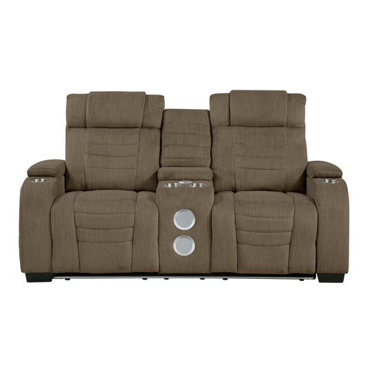 Ronan Double Reclining Love Seat With Center Console, Wireless Speakers, Storage Arms, Cup Holders And Led