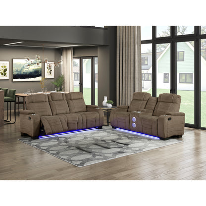 Ronan Double Reclining Sofa With Center Drop-Down Cup Holders, Storage Arms, Cup Holders, Reading Lights, Magazine Bag, Receptacles, Charging Ports And Led