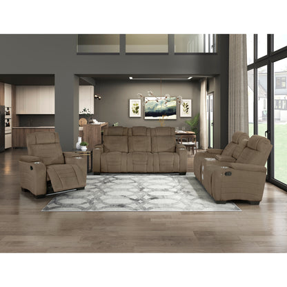 Ronan Double Reclining Sofa With Center Drop-Down Cup Holders, Storage Arms, Cup Holders, Reading Lights, Magazine Bag, Receptacles, Charging Ports And Led