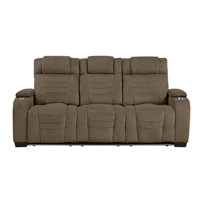 Ronan Double Reclining Sofa With Center Drop-Down Cup Holders, Storage Arms, Cup Holders, Reading Lights, Magazine Bag, Receptacles, Charging Ports And Led