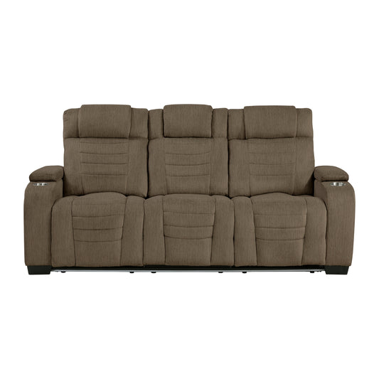 Ronan Double Reclining Sofa With Center Drop-Down Cup Holders, Storage Arms, Cup Holders, Reading Lights, Magazine Bag, Receptacles, Charging Ports And Led