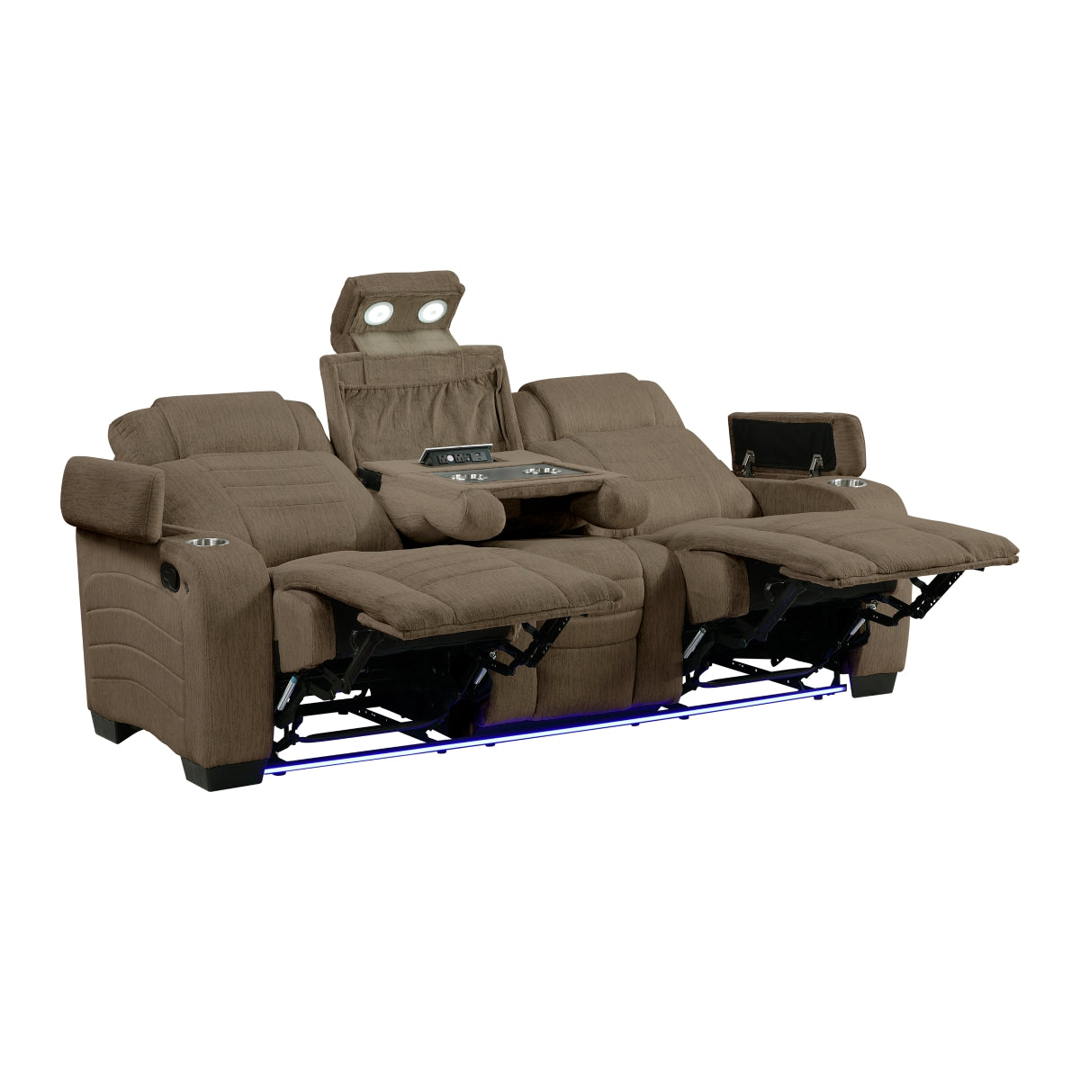 Ronan Double Reclining Sofa With Center Drop-Down Cup Holders, Storage Arms, Cup Holders, Reading Lights, Magazine Bag, Receptacles, Charging Ports And Led