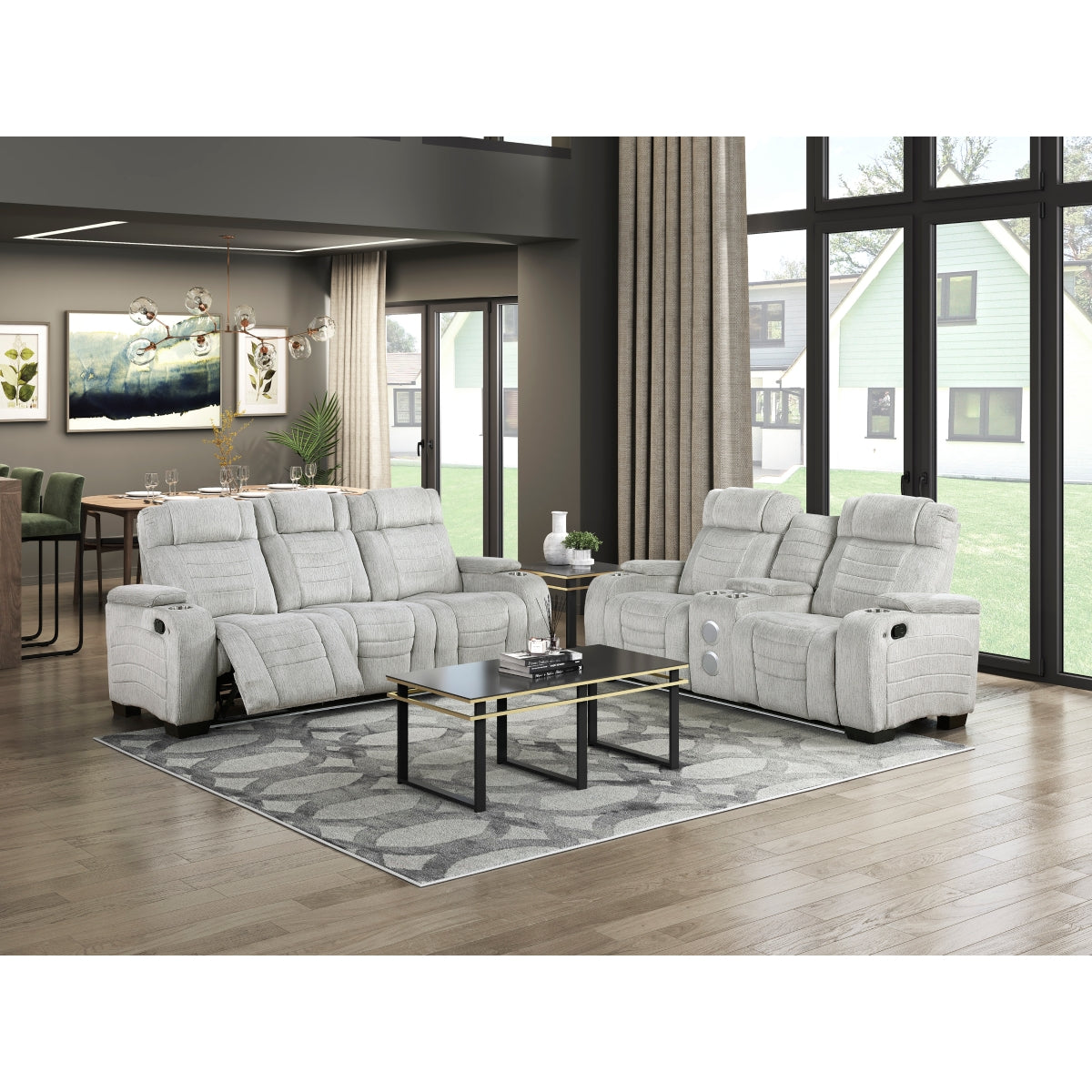 Ronan Double Reclining Sofa with Center Drop-Down Cup Holders, Storage Arms, Cup Holders, Reading Lights, Magazine Bag, Receptacles, Charging Ports and LED
