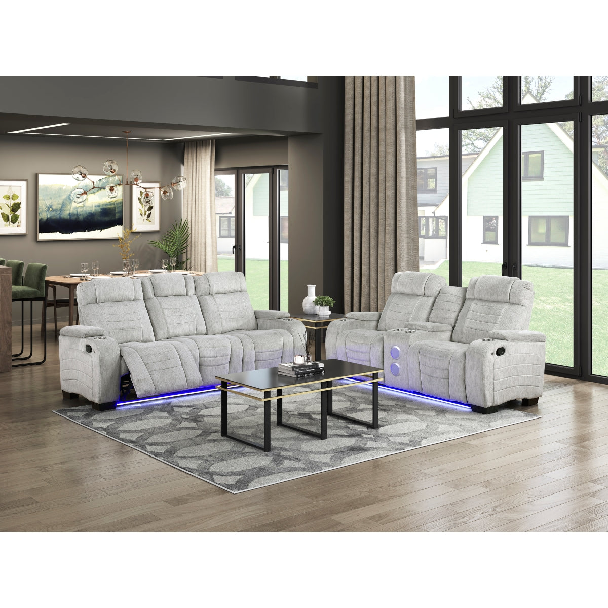 Ronan Double Reclining Sofa with Center Drop-Down Cup Holders, Storage Arms, Cup Holders, Reading Lights, Magazine Bag, Receptacles, Charging Ports and LED