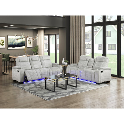 Ronan Double Reclining Sofa with Center Drop-Down Cup Holders, Storage Arms, Cup Holders, Reading Lights, Magazine Bag, Receptacles, Charging Ports and LED