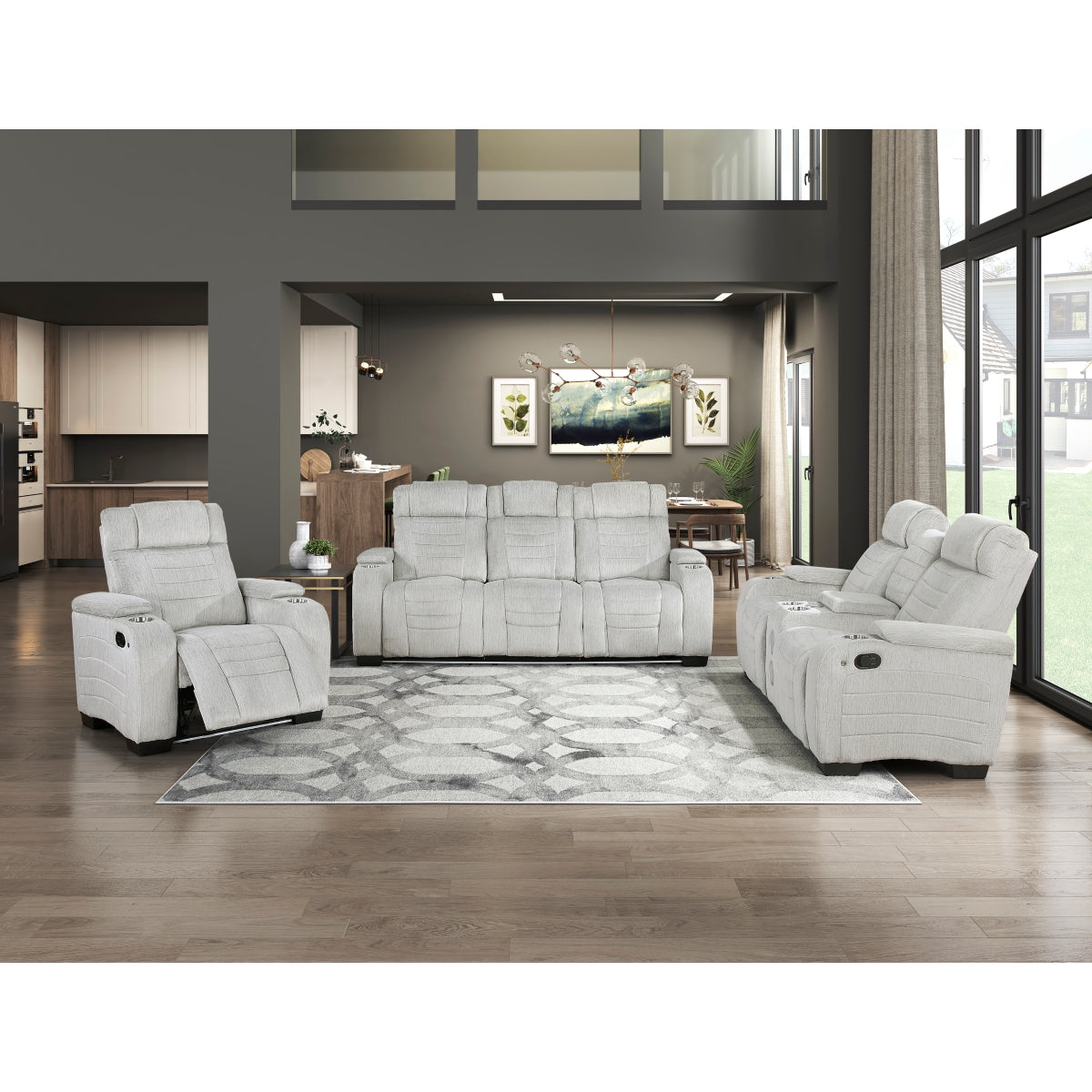 Ronan Double Reclining Sofa with Center Drop-Down Cup Holders, Storage Arms, Cup Holders, Reading Lights, Magazine Bag, Receptacles, Charging Ports and LED