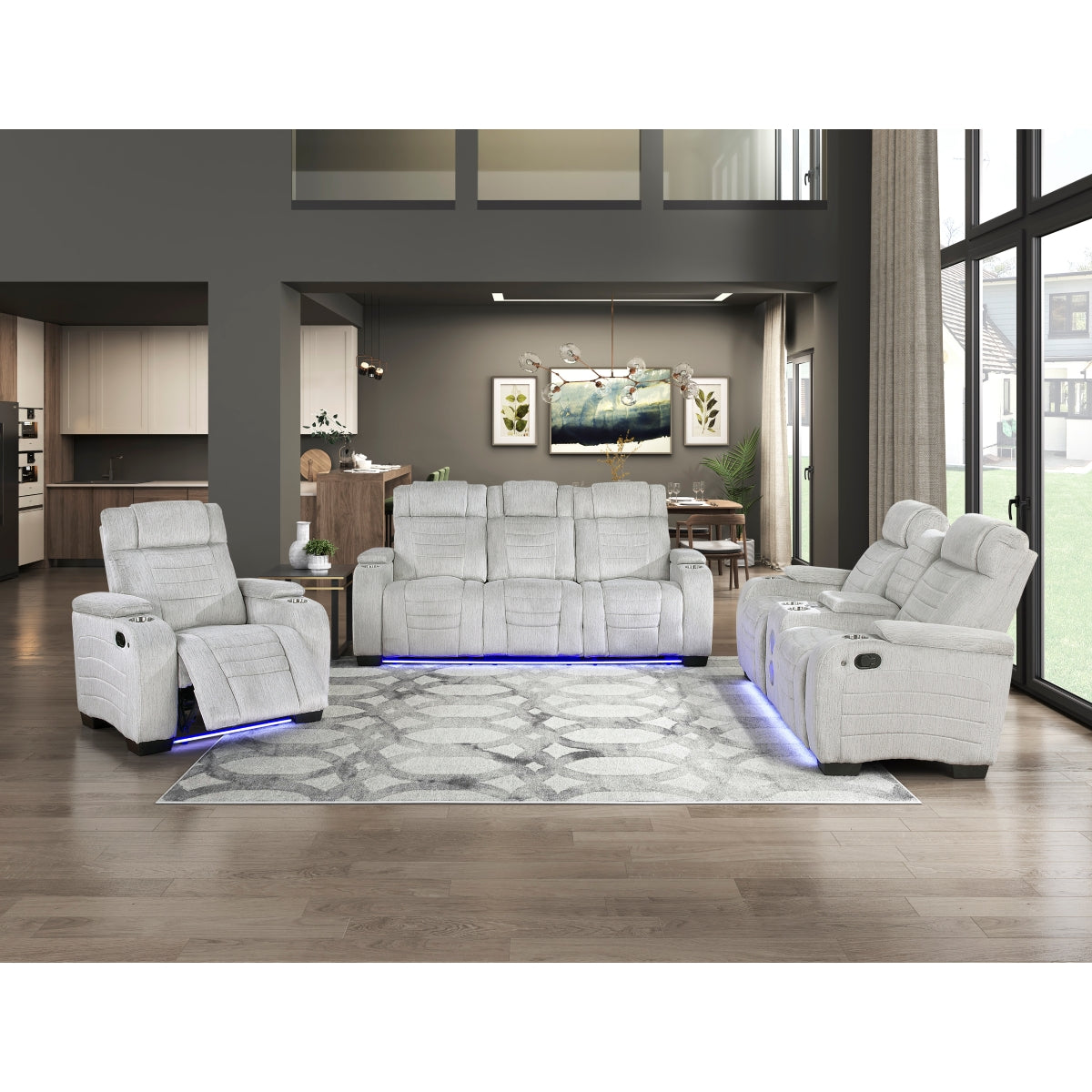 Ronan Double Reclining Sofa with Center Drop-Down Cup Holders, Storage Arms, Cup Holders, Reading Lights, Magazine Bag, Receptacles, Charging Ports and LED
