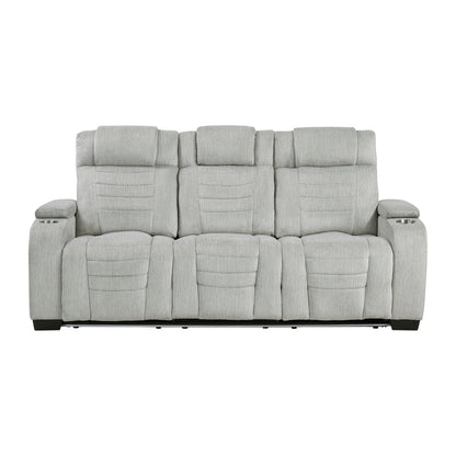 Ronan Double Reclining Sofa with Center Drop-Down Cup Holders, Storage Arms, Cup Holders, Reading Lights, Magazine Bag, Receptacles, Charging Ports and LED