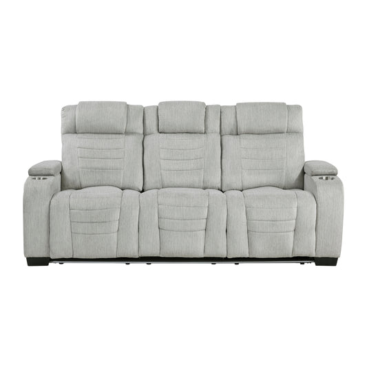 Ronan Double Reclining Sofa with Center Drop-Down Cup Holders, Storage Arms, Cup Holders, Reading Lights, Magazine Bag, Receptacles, Charging Ports and LED