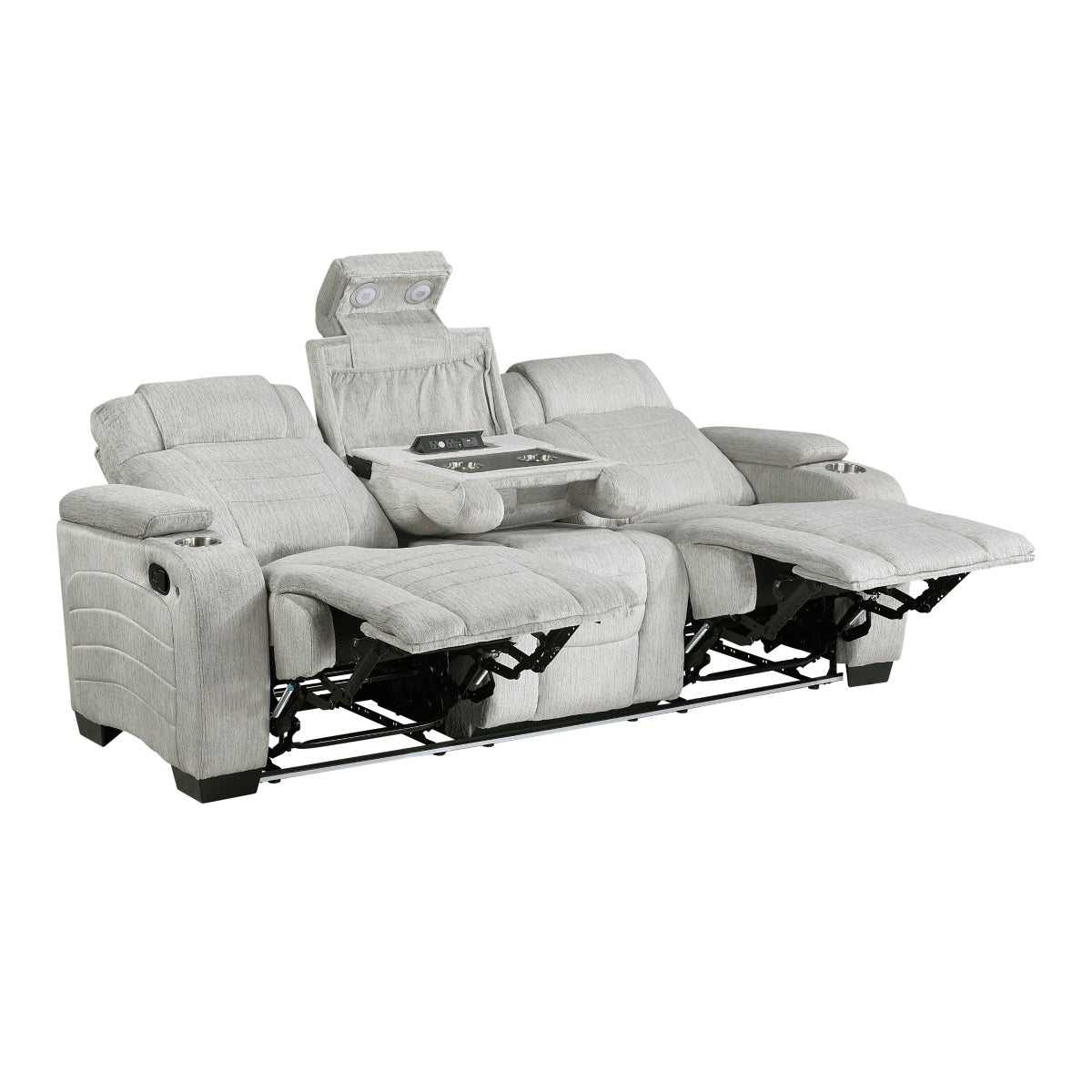 Ronan Double Reclining Sofa with Center Drop-Down Cup Holders, Storage Arms, Cup Holders, Reading Lights, Magazine Bag, Receptacles, Charging Ports and LED