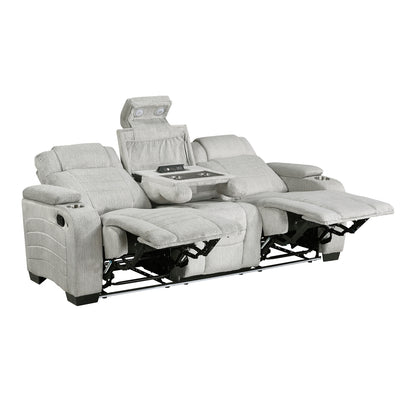 Ronan Double Reclining Sofa with Center Drop-Down Cup Holders, Storage Arms, Cup Holders, Reading Lights, Magazine Bag, Receptacles, Charging Ports and LED