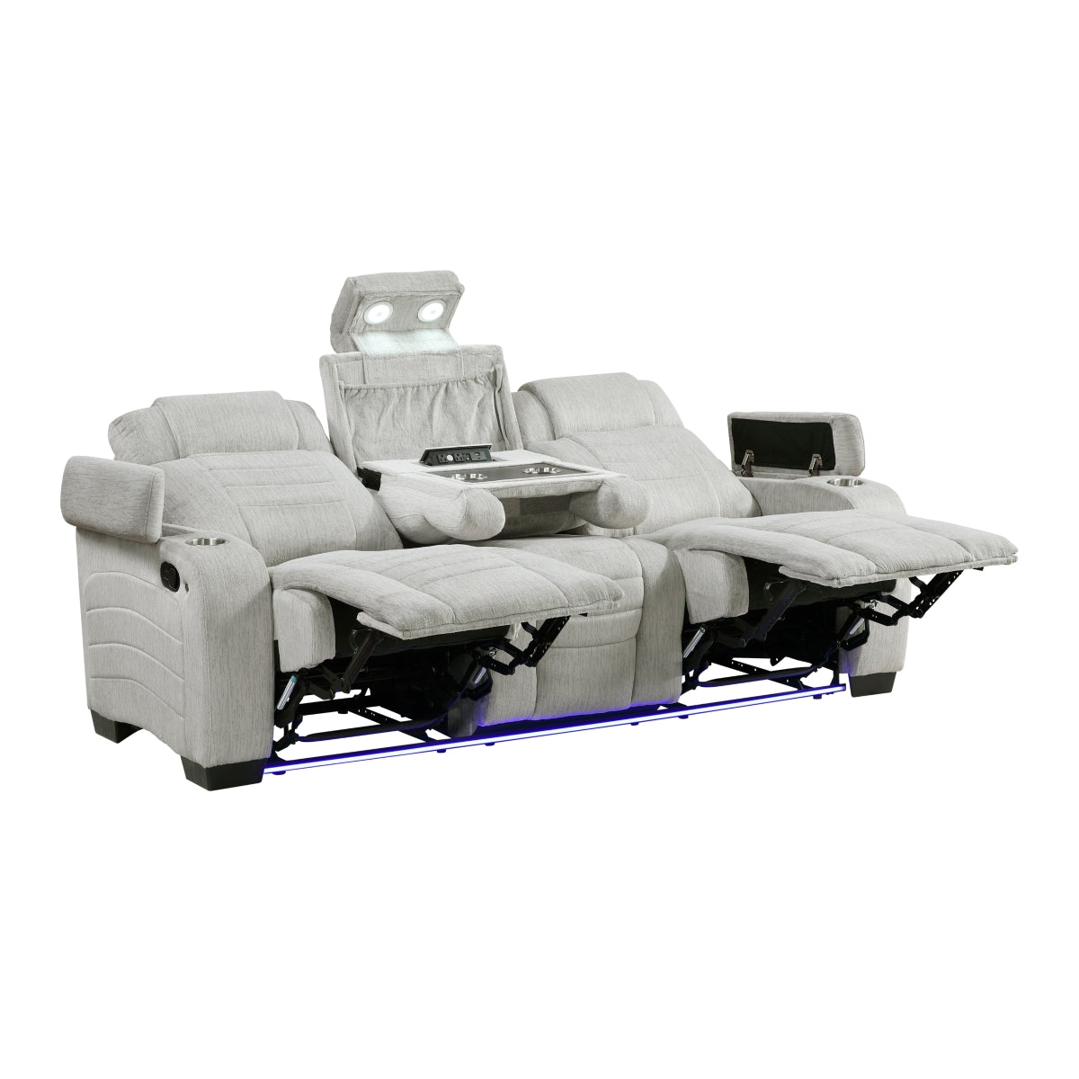 Ronan Double Reclining Sofa with Center Drop-Down Cup Holders, Storage Arms, Cup Holders, Reading Lights, Magazine Bag, Receptacles, Charging Ports and LED