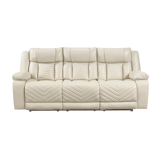 Huron Power Double Reclining Sofa with Center Drop-Down Cup Holders, Wireless Charger, Magazine Bag, LED and Charging Ports - Beige