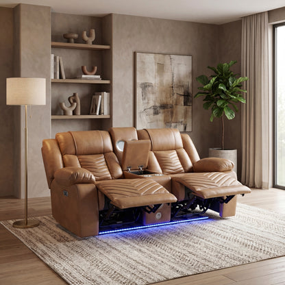 Huron Power Double Reclining Love Seat with Center Console, Wireless Speakers, LED and Charging Ports